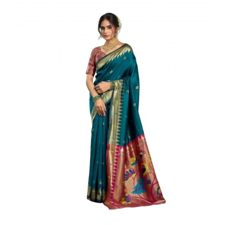Generic Women's Silk Blend Woven Saree With Unstitched Blouse 5.5 Mtr (Teal)
