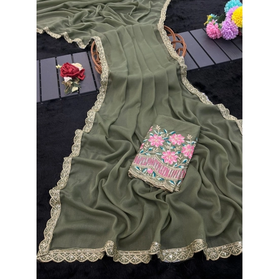 Generic Women's Georgette Embellished Saree With Unstitched Blouse 5.5Mtr (Olive Green) Generic Women's Georgette Embellished Saree With Unstitched Blouse 5.5Mtr (Olive Green)