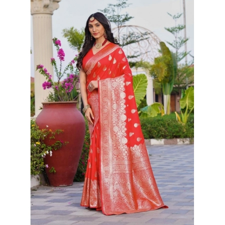 Generic Women's Jacquard Printed Saree With Unstitched Blouse 5.5Mtr (Red)