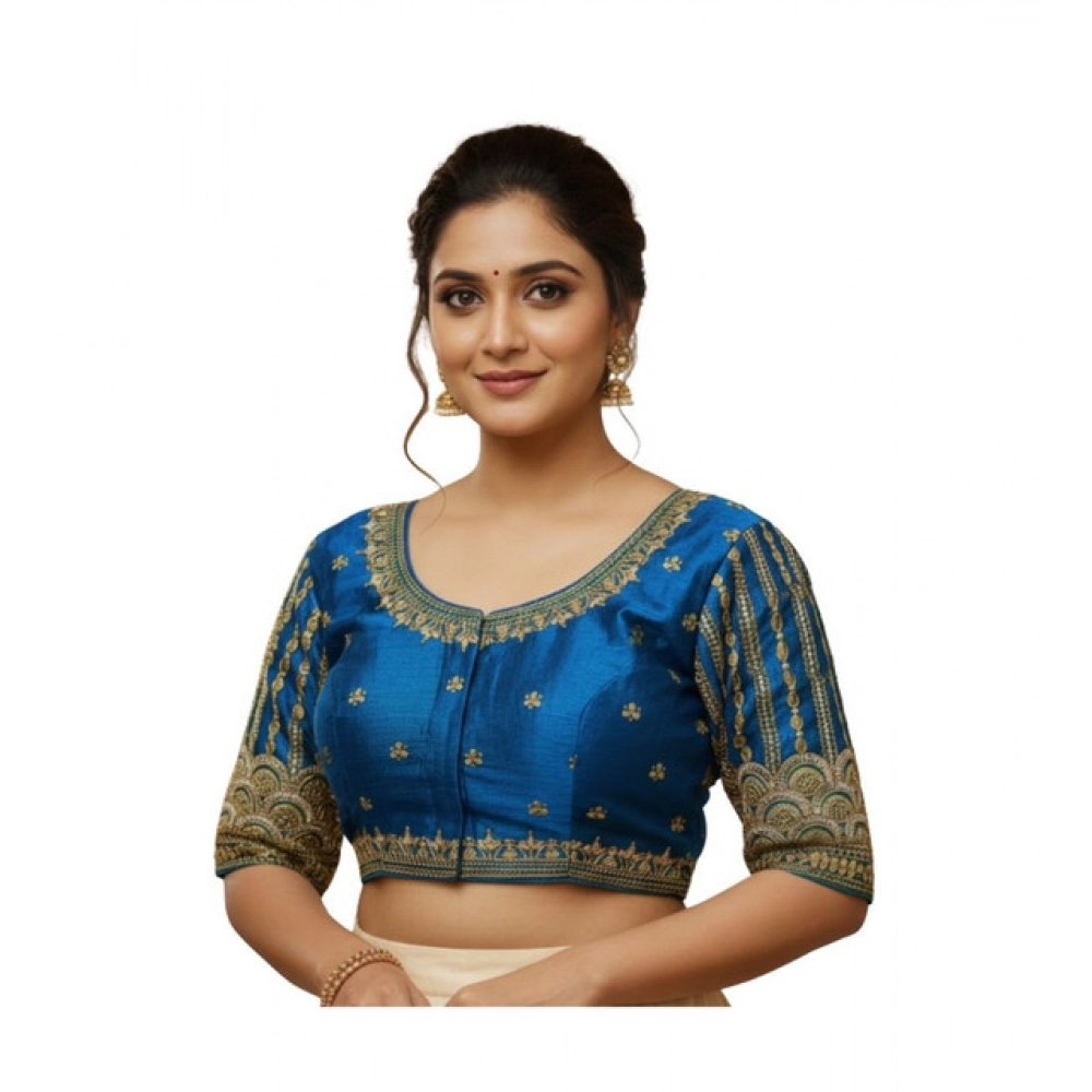 Women's Phantom Silk Embroidered Designer Neck Padded Blouse (Blue 38 Ready (Alterable up to 42)