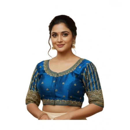 Generic Women's Phantom Silk Embroidered Designer Neck Padded Blouse (Blue 38 Ready (Alterable up to 42)