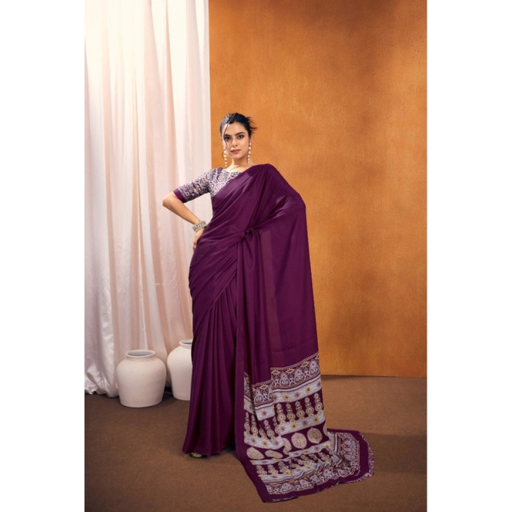 Generic Women's Satin Crepe Printed Saree With Unstitched Blouse 5.5Mtr (Purple) Generic Women's Satin Crepe Printed Saree With Unstitched Blouse 5.5Mtr (Purple)