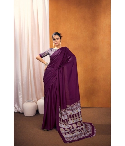 Generic Women's Satin Crepe Printed Saree With Unstitched Blouse 5.5Mtr (Purple)