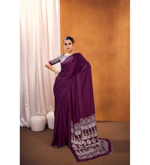 Generic Women's Satin Crepe Printed Saree With Unstitched Blouse 5.5Mtr (Purple)