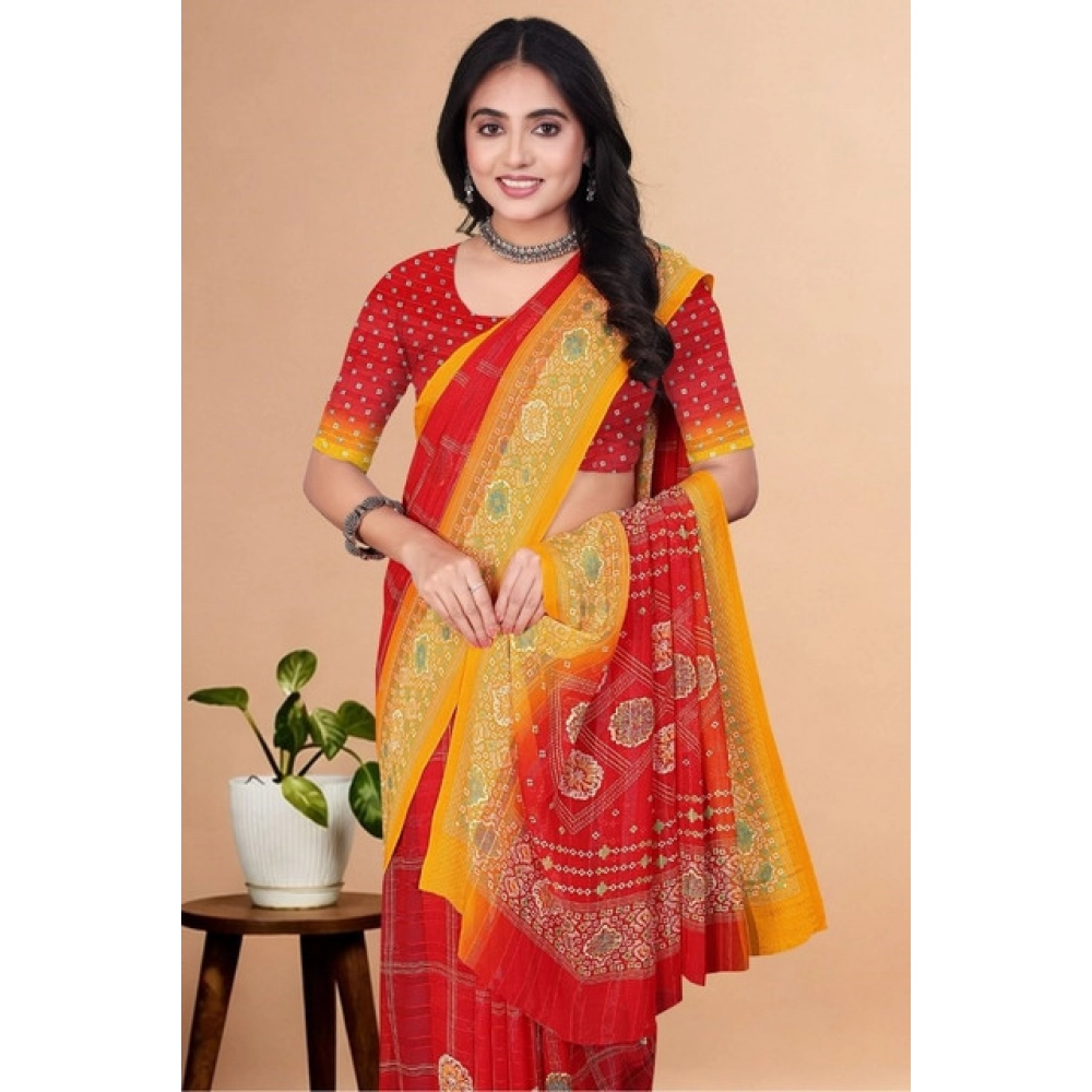Women’s Art Silk Printed Saree With Unstitched Blouse 5.5Mtr (Red)