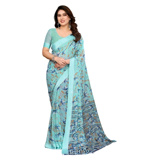 Generic Women's Georgette Printed Saree With Unstitched Blouse 5.5Mtr (Blue)
