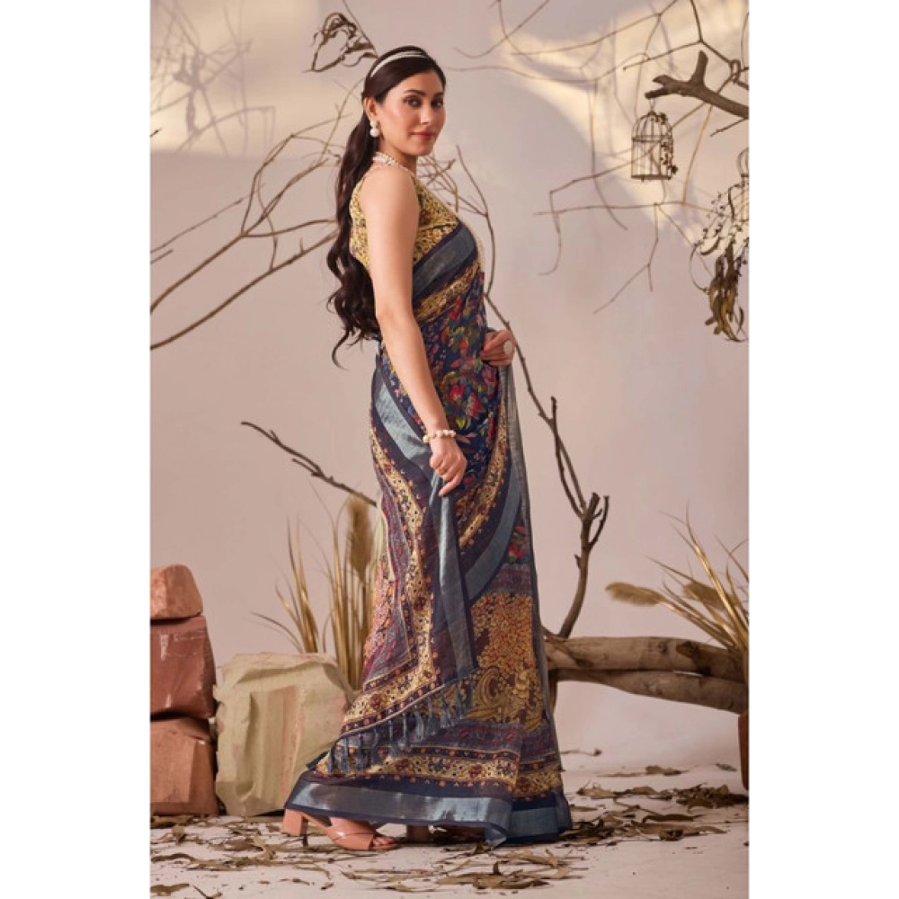 Generic Women's Faux_Linen Printed Saree With Unstitched Blouse 5.5Mtr (Navy_Blue)