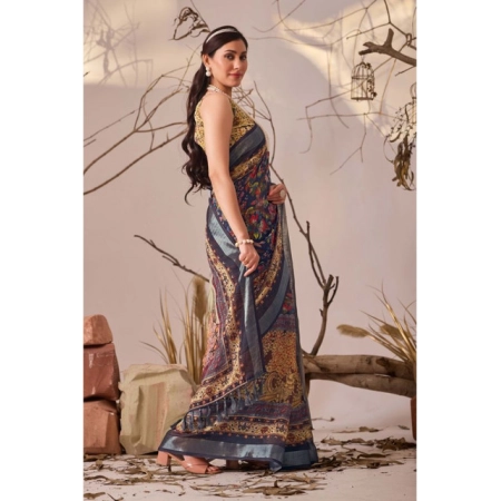 Generic Women's Faux_Linen Printed Saree With Unstitched Blouse 5.5Mtr (Navy_Blue) Generic Women's Faux_Linen Printed Saree With Unstitched Blouse 5.5Mtr (Navy_Blue)