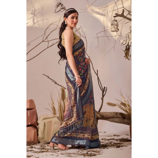 Generic Women's Faux_Linen Printed Saree With Unstitched Blouse 5.5Mtr (Navy_Blue)