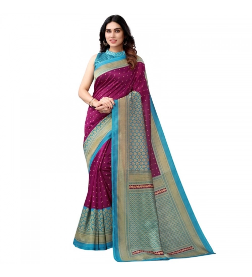 Generic Women's Litchi silk Printed Saree With Unstitched Blouse  5-6 Mtrs (Magenta)