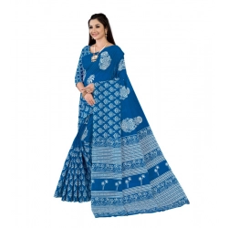 Generic Women's Soft Pure Cotton Printed Saree With Unstitched Blouse 5.5Mtr (Blue)