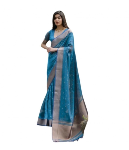 Generic Women's Silk_Blend Butti Pattern Saree With Unstitched Blouse 5.5Mtr (Teal)
