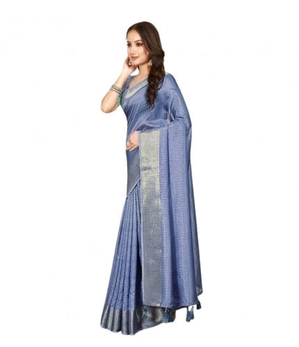 Generic Women's Cotton Blend Checkered Saree With Unstitched Blouse 5.5Mtr (Blue)