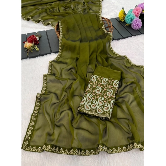 Generic Women's Chiffon Embroidered Saree With Unstitched Blouse 5.5Mtr (Olive Green) Generic Women's Chiffon Embroidered Saree With Unstitched Blouse 5.5Mtr (Olive Green)