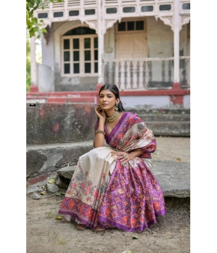 Generic Women's Faux_Tussar Floral Jal With Patola Print Saree With Unstitched Blouse 5.5Mtr (Lavender)