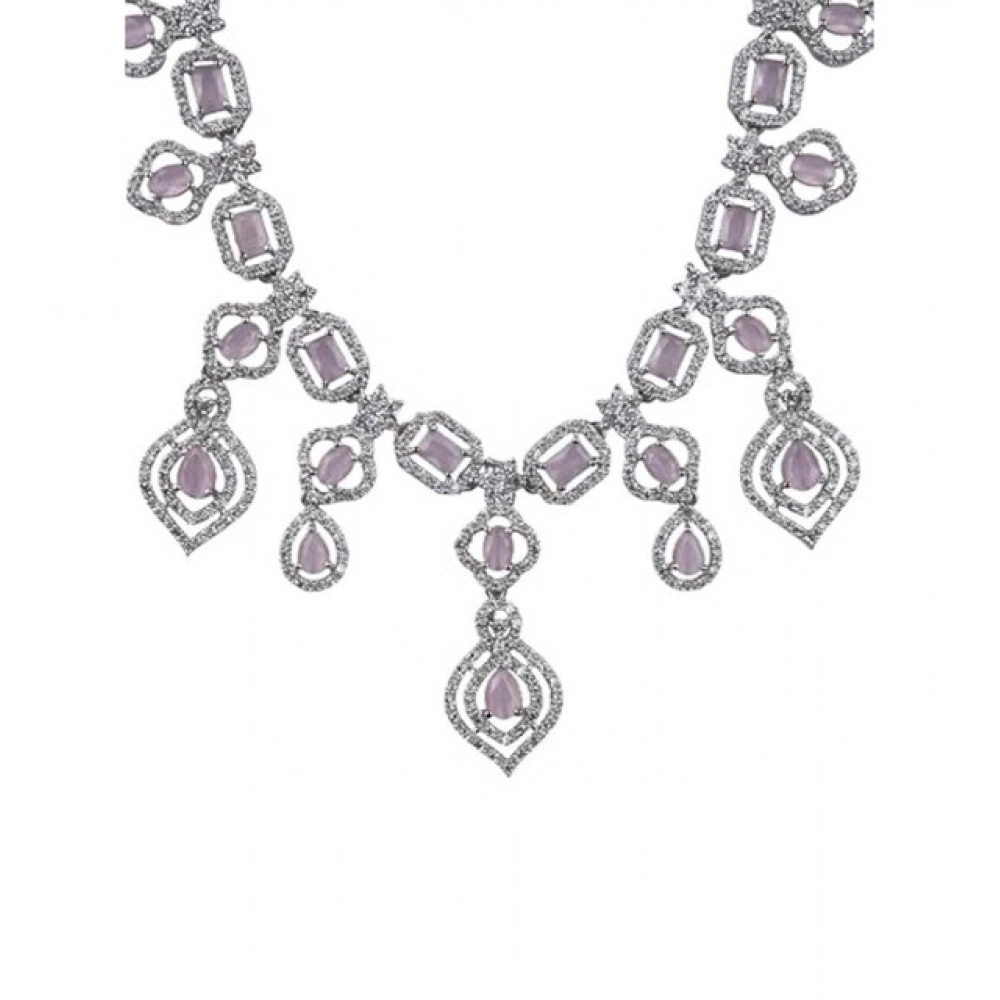 Generic Women's Brass Silver Plated Necklace set (Pink)