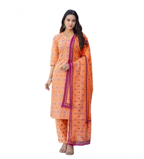 Generic Women's Cotton Blend Printed Kurti With Pant Dupatta Set (Coral)