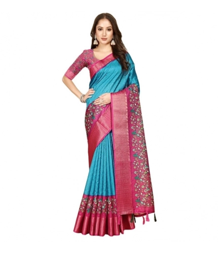 Generic Women's Cotton Silk Printed Saree With Unstitched Blouse 5.5Mtr (Blue-Pink)