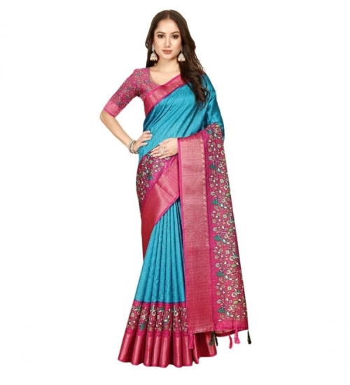 Generic Women's Cotton Silk Printed Saree With Unstitched Blouse 5.5Mtr (Blue-Pink)