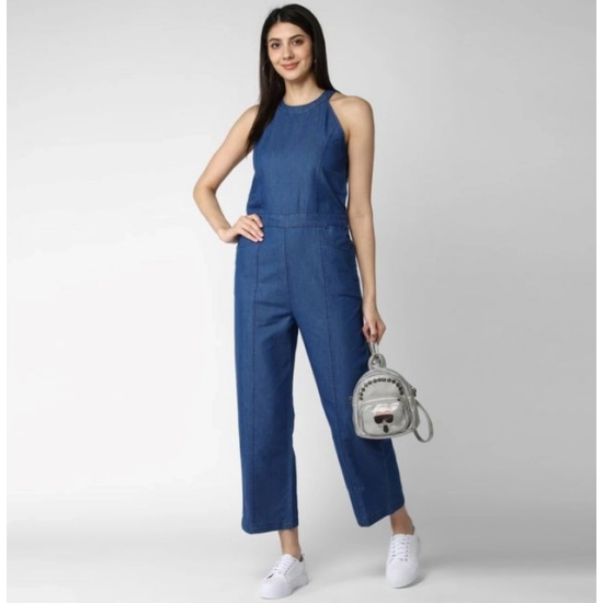 Generic Women's Denim Solid Sleeveless Jumpsuit (Blue)