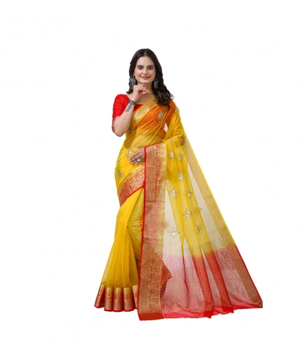 Generic Women's Organza jacquard Embellished Saree With Unstitched Blouse 5.5Mtr (Yellow)