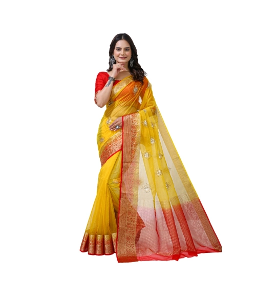 Generic Women's Organza jacquard Embellished Saree With Unstitched Blouse 5.5Mtr (Yellow)