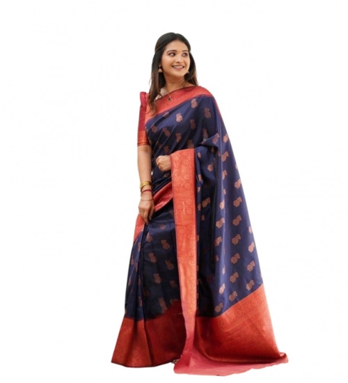 Generic Women's Litchi silk Printed Saree With Unstitched Blouse (Blue)