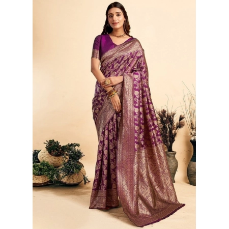 Generic Women's Jacquard Printed Saree With Unstitched Blouse 5.5Mtr (Purple)