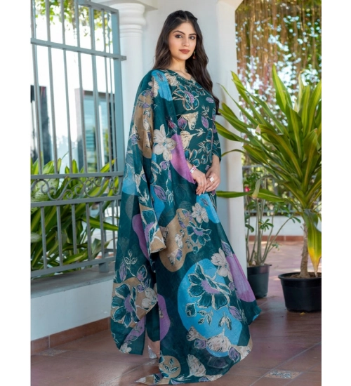 Generic Women's Cotton Blend Printed Kurti With Pant Dupatta Set (Rama)