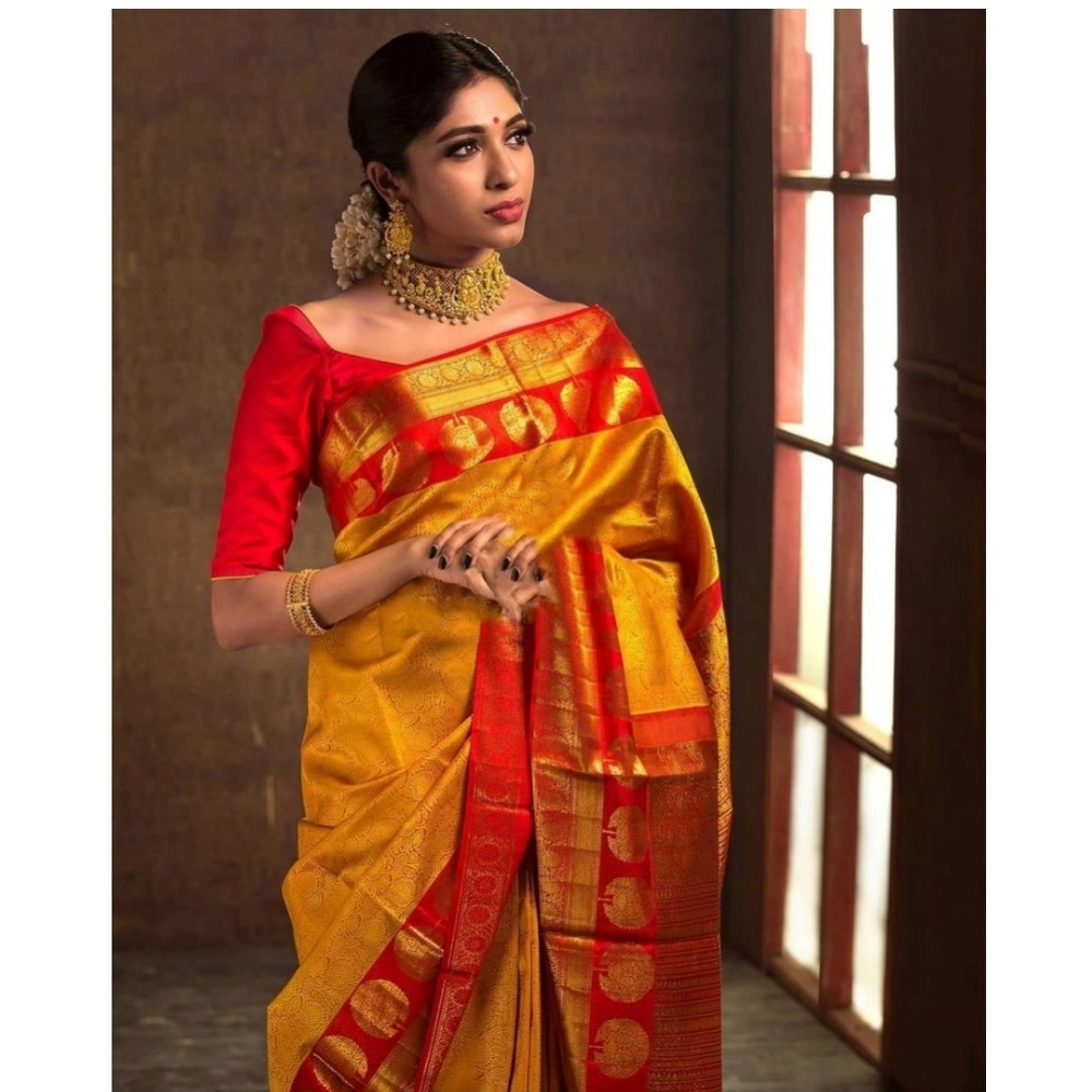 Generic Women's Soft Litchi Silk Jacquard Work Saree With Unstitched Blouse 5.5Mtr (Mustard Yellow) Generic Women's Soft Litchi Silk Jacquard Work Saree With Unstitched Blouse 5.5Mtr (Mustard Yellow)