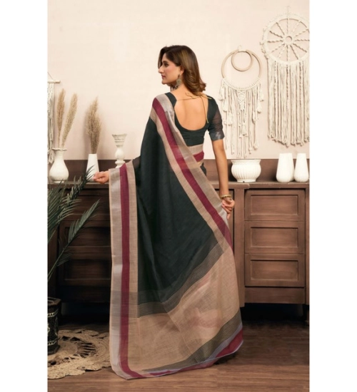 Generic Women's Linen Cotton Plain Ready To Wear With Pocket Saree With Unstitched Blouse 5.5 Mtr (Black)