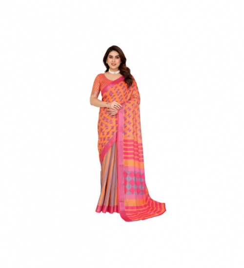 Generic Women's Linen Cotton  Printed Saree With Unstitched Blouse 5.5Mtr (Orange )