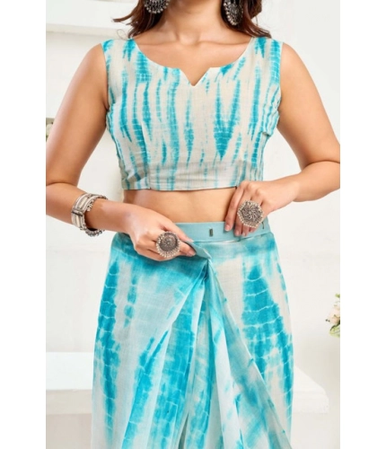 Generic Women's Faux Linen Abstract Print Ready to wear Saree With Unstitched Blouse 5.5Mtr (Multicolor)