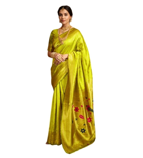 Generic Women's Silk Blend Zari Weaving Saree With Unstitched Blouse 5.5Mtr (Lime-Green)