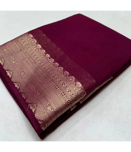 Generic Women's Crepe Chit Pallu Solid Saree With Unstitched Blouse 5.5Mtr (Purple)