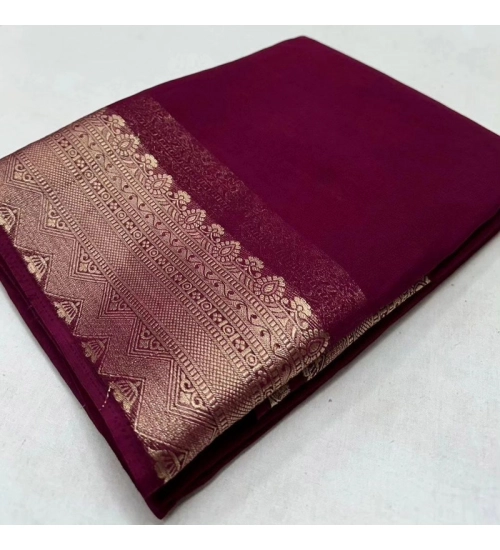 Generic Women's Crepe Chit Pallu Solid Saree With Unstitched Blouse 5.5Mtr (Purple)
