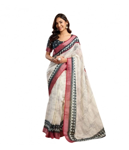 Generic Women's Faux Linen Floral Print Ready to wear Saree With Unstitched Blouse 5.5Mtr (OffWhite)