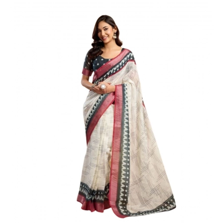 Generic Women's Faux Linen Floral Print Ready to wear Saree With Unstitched Blouse 5.5Mtr (OffWhite) Generic Women's Faux Linen Floral Print Ready to wear Saree With Unstitched Blouse 5.5Mtr (OffWhite)