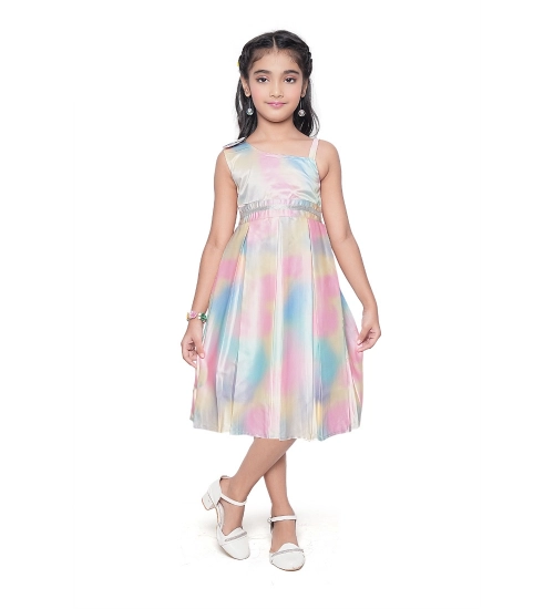 Generic Girl's Satin Soild Sleeve Less Designer Neck Dress (Multicolor)
