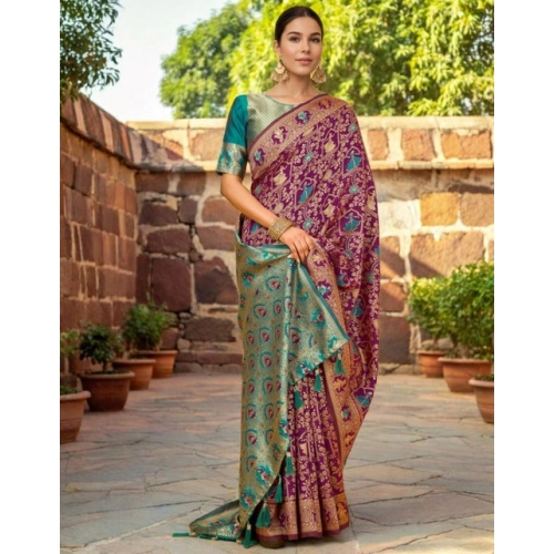Women's Silk Blend Woven Paithani Saree With Unstitched Blouse 5.5Mtr (Purple) Women's Silk Blend Woven Paithani Saree With Unstitched Blouse 5.5Mtr (Purple)