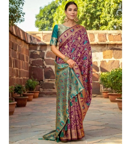Generic Women's Silk Blend Woven Paithani Saree With Unstitched Blouse 5.5Mtr (Purple)