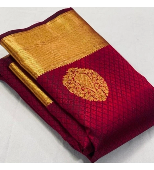 Generic Women's Soft Lichi Silk Printed Saree With Unstitched Blouse 5.5Mtr (Maroon)