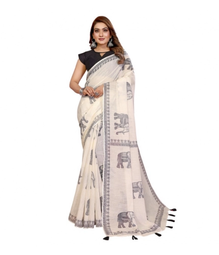 Generic Women's Linen Cotton Printed Saree With Unstitched Blouse 5.5Mtr (Off White)