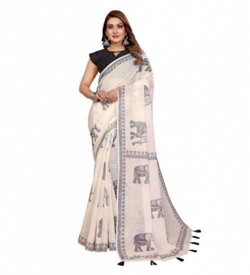 Generic Women's Linen Cotton Printed Saree With Unstitched Blouse 5.5Mtr (Off White) Generic Women's Linen Cotton Printed Saree With Unstitched Blouse 5.5Mtr (Off White)