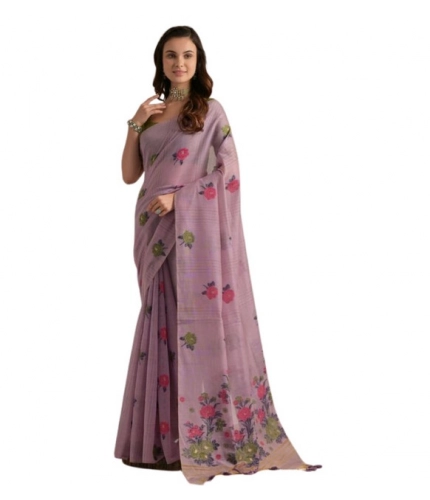 Generic Women's Blended_Cotton Floral Motifs And Woven Buttas Saree With Unstitched Blouse 5.5Mtr (Lavender)