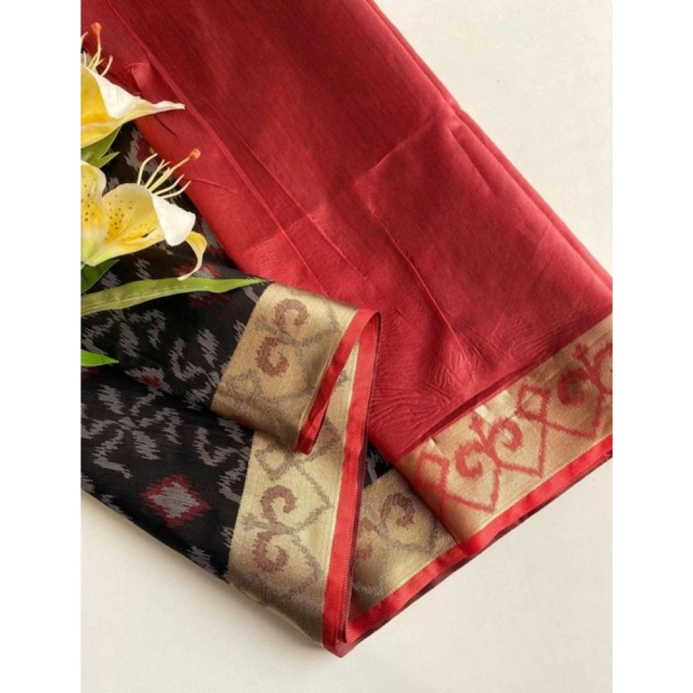 Generic Women's Raw Silk Ikkat Saree With Unstitched Blouse 5.5Mtr (Black)