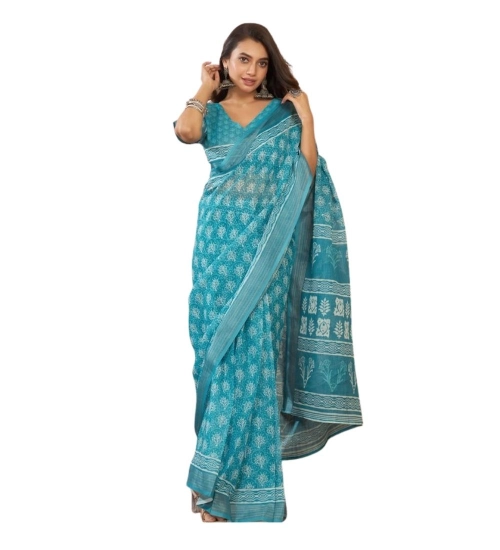 Generic Women's Linen Cotton Printed Ready To Wear Saree With Unstitched Blouse 5.5 Mtr (Aqua_Blue)