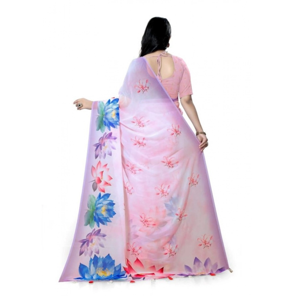 Women's Georgette Floral Printed Saree With Unstitched Blouse 5.5Mtr (Light Pink)