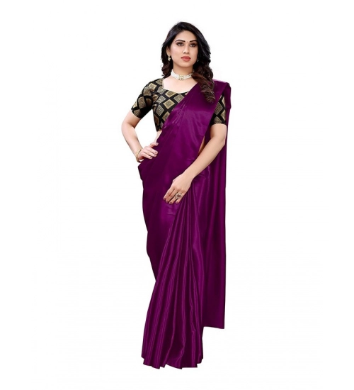 Generic Women's Satin Printed Saree With Unstitched Blouse 5.5Mtr (Purple)