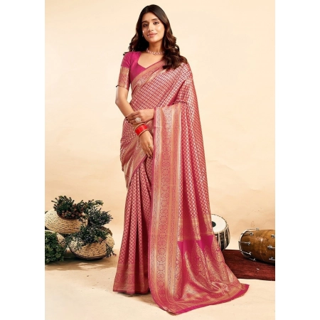 Generic Women's Jacquard Printed Saree With Unstitched Blouse 5.5Mtr (Pink)